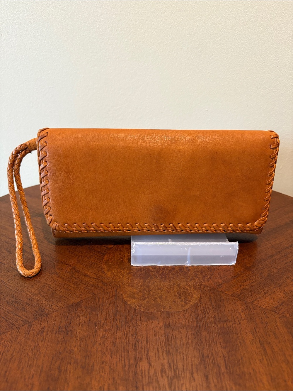Hobo Wristlet Clutch wallet Vachetta leather/dark tan whip stitching/braided str